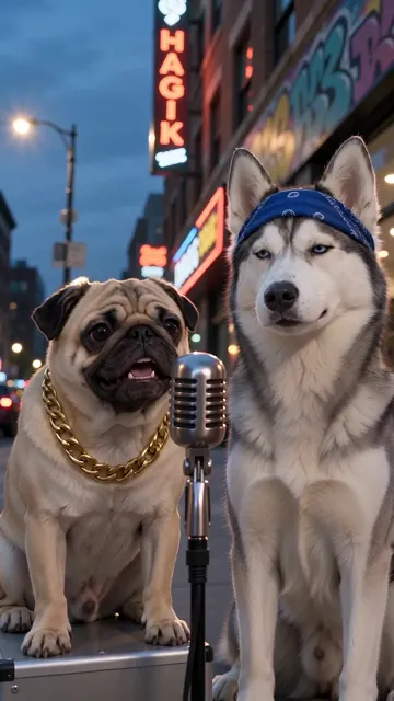 A pug and a husky in gold chains rap about running the dog park on a street corner at dusk.